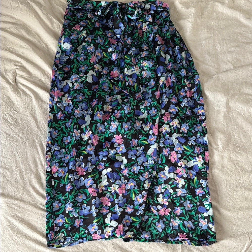 Kelly Renee Black Floral Print High Waisted Faux Wrap A-line Midi Skirt